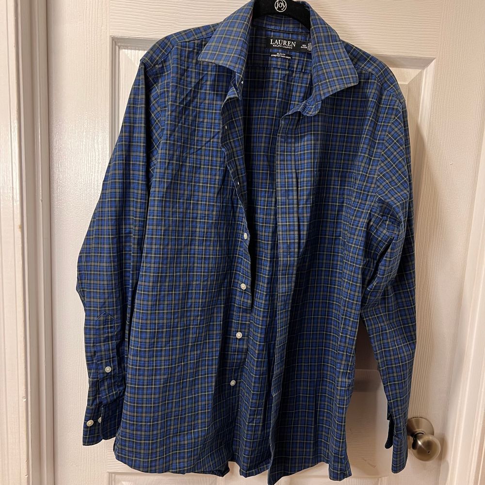 Lauren Ralph Lauren Men's Blue Plaid Slim Fit Non-Iron Button Down Dress Shirt
